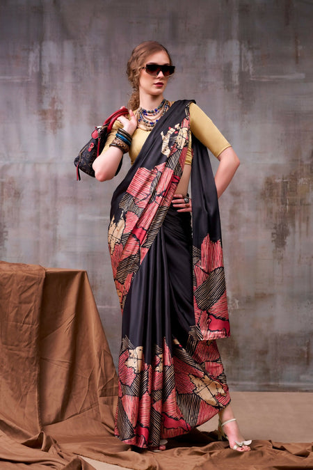 Vastranavya Black Satin Silk Printed Saree with a Natural Silk Unstitched Blouse