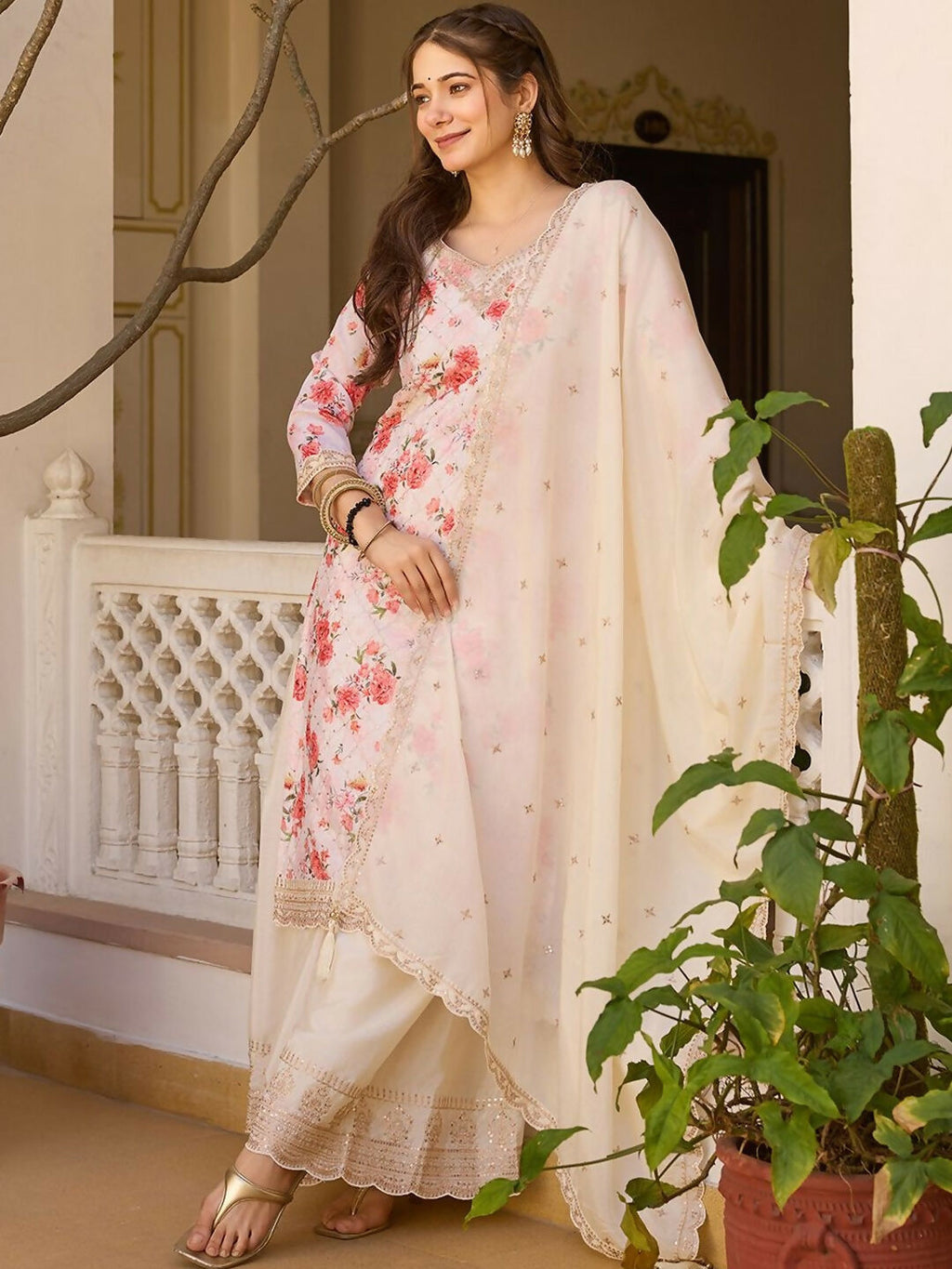 The52 White Women's Gorgeous Embroidered Chinon Fabric Straight Kurta Palazzo and Dupatta Set - Distacart