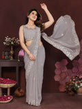 PR Fashion Grey Georgette Embroidery Work With Embroidery Work Blouse Saree