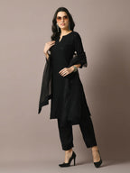 Myshka Women's Black Embroidered Cotton Straight Party Kurta Set With Dupatta