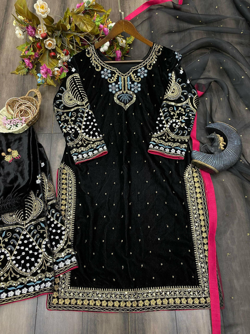 Vastranavya Black Viscose Velvet Cording Sequence Embroidery Work Suit With Dupatta - Distacart
