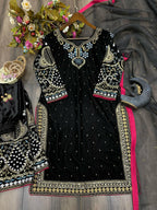 Vastranavya Black Viscose Velvet Cording Sequence Embroidery Work Suit With Dupatta - Distacart