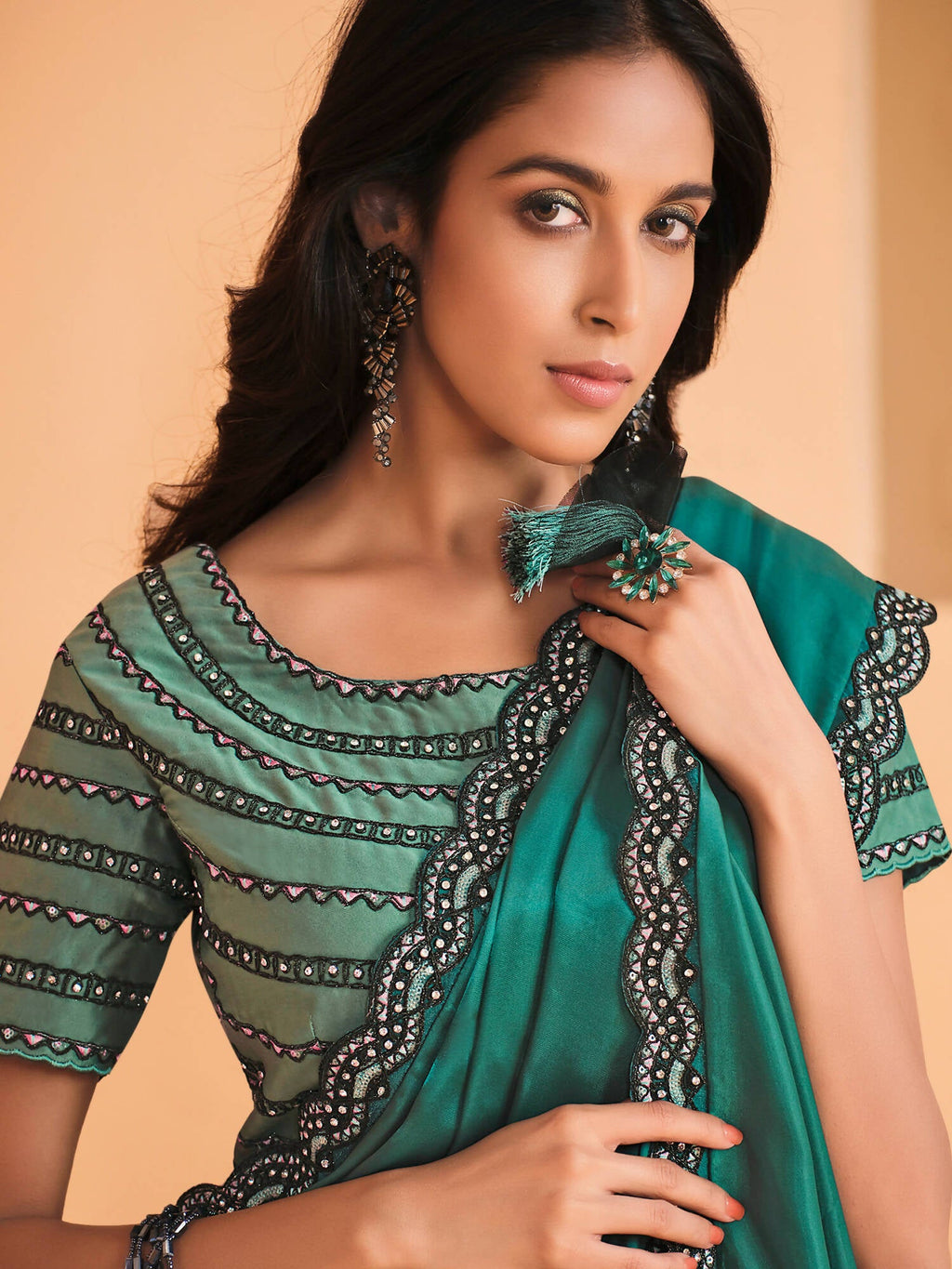 Sea Green Satin Crepe Silk Sequence Embroidered Saree With Unstitched Blouse - Mohmanthan Yavanika