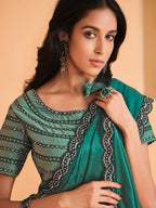 Sea Green Satin Crepe Silk Sequence Embroidered Saree With Unstitched Blouse - Mohmanthan Yavanika