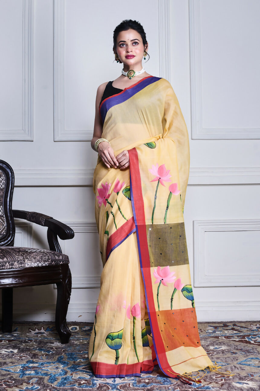 Morchari Multicolour Cotton Handloom Mirror Work Saree Unstitched Blouse - Distacart