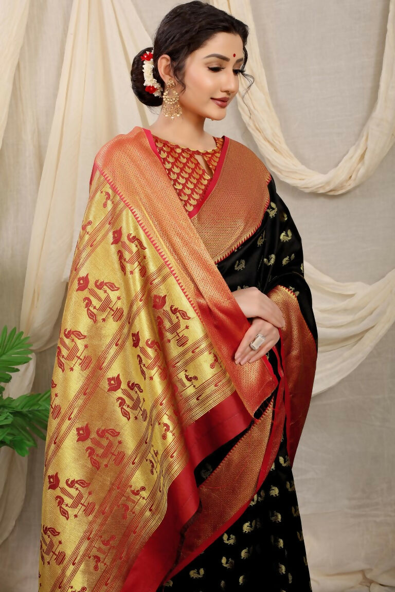 Jyoti Fashion Women's Black Banarasi Silk Zari Woven Saree with Blouse