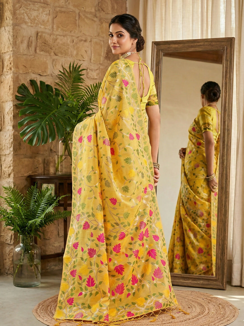Shree Shyam Fashion Yellow Linen Cotton Saree - Distacart