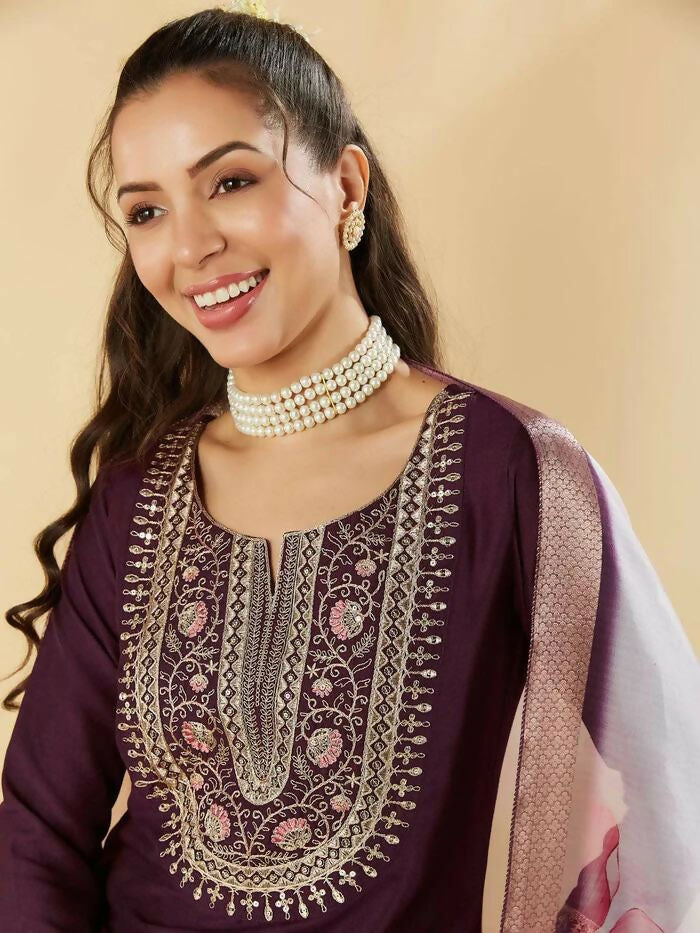 The52 Women's Beautiful Chanderi Silk Fabric Embroidery Work Straight Kurta Pant and Dupatta Set - Distacart