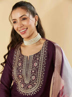 The52 Women's Beautiful Chanderi Silk Fabric Embroidery Work Straight Kurta Pant and Dupatta Set - Distacart