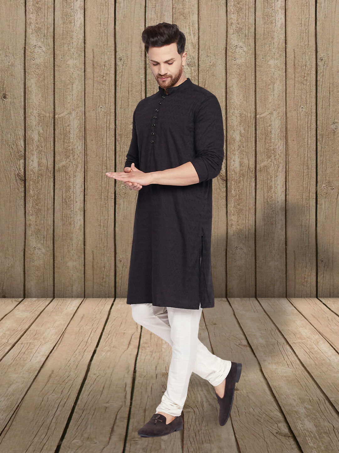 Even Apparels Men's Rayon Embroided Black Kurta