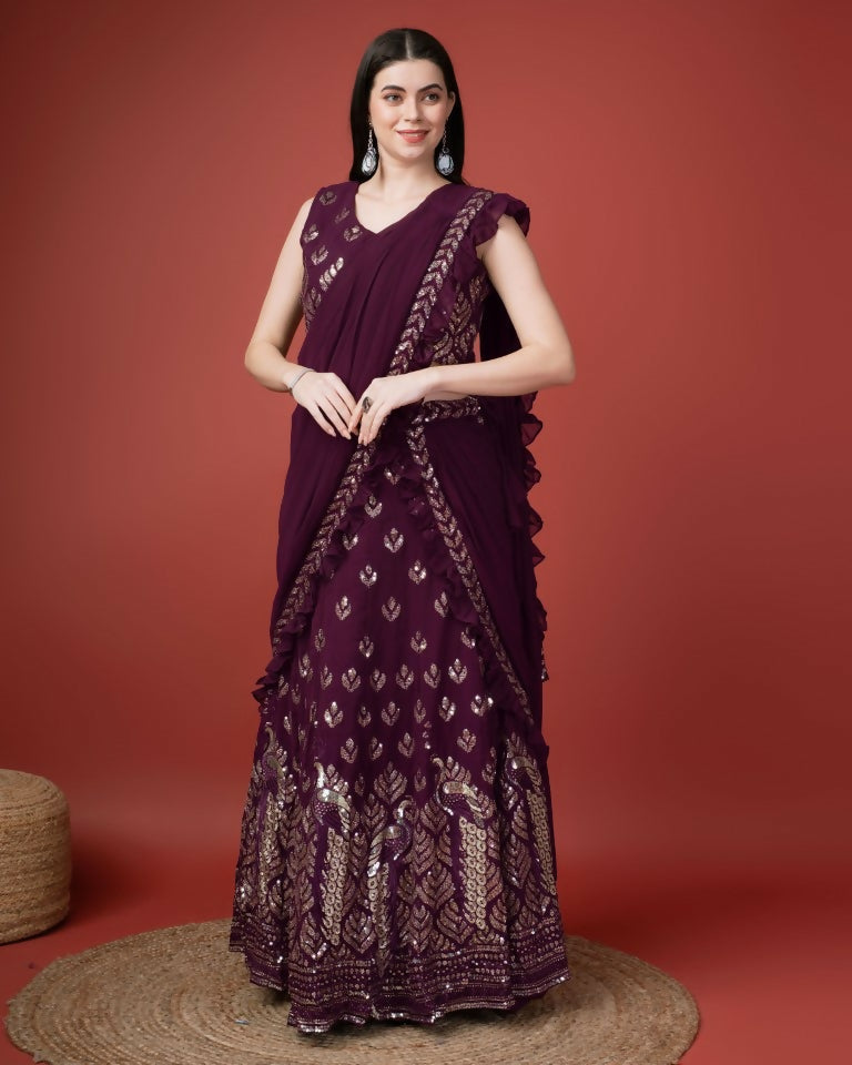 Purple Georgette Sequence Embroidered Lehenga Choli with Dupatta - Tanya