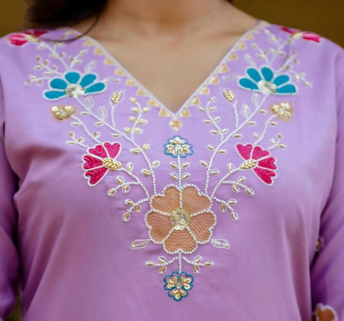 The52 Lavender Women's Gorgeous Embroidered work Viscose Gadhwal Fabric Straight Kurta, Pant and Dupatta Set - Distacart