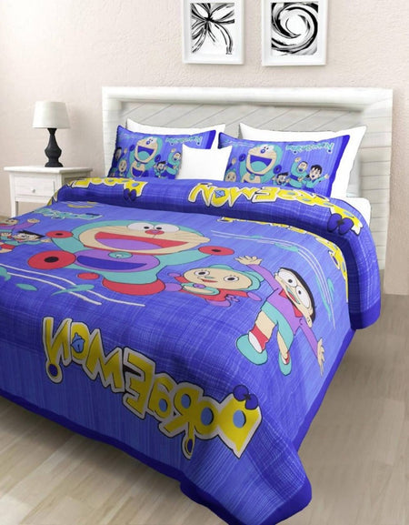 Vamika Printed Doremon Cotton Blue Bedsheet With Pillow Covers (PM Doremon Blue)