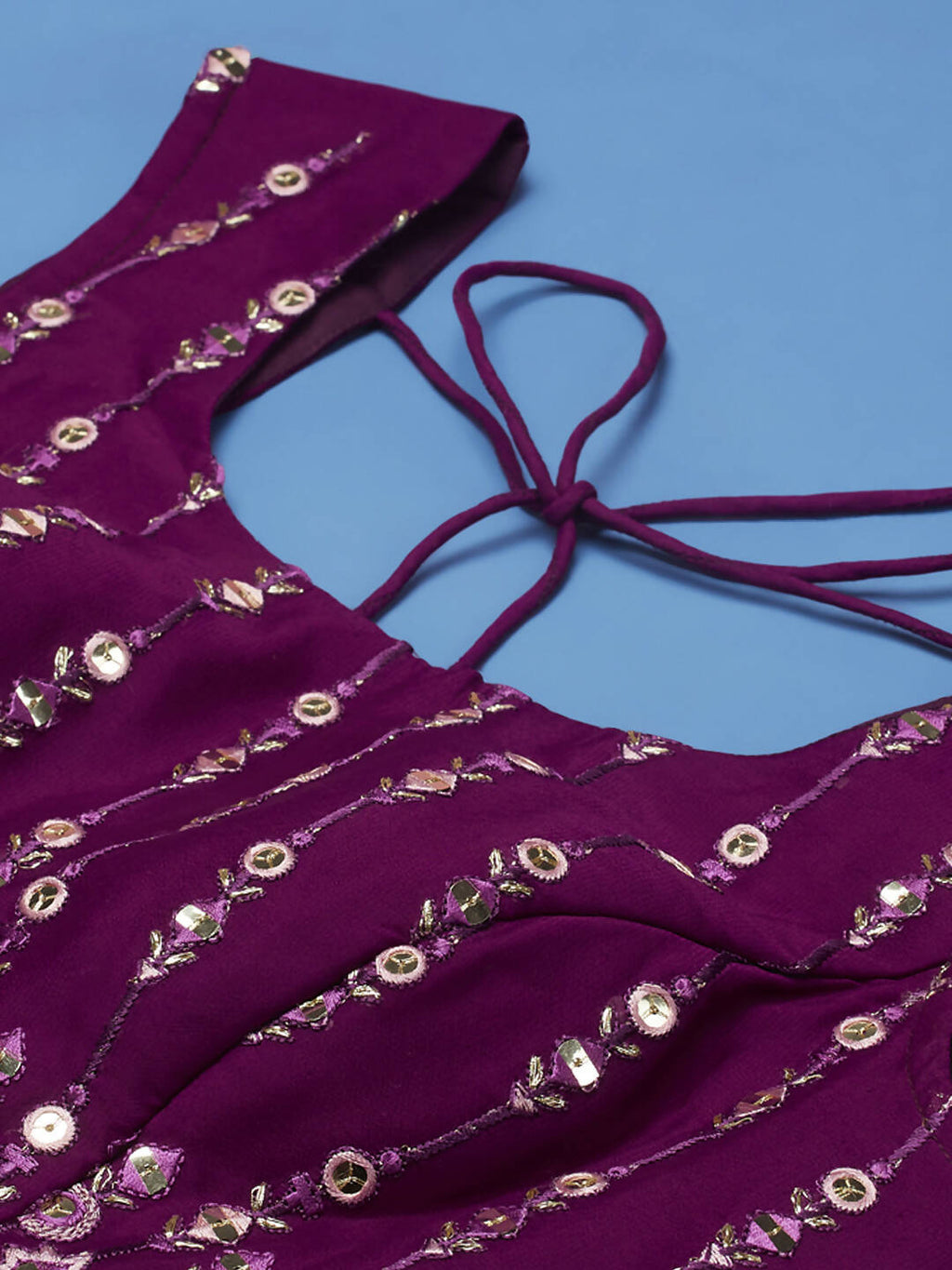 House of Panchhi Women Burgundy Pure Georgette Sequinse Embroidered Lehenga & Blouse, Dupatta