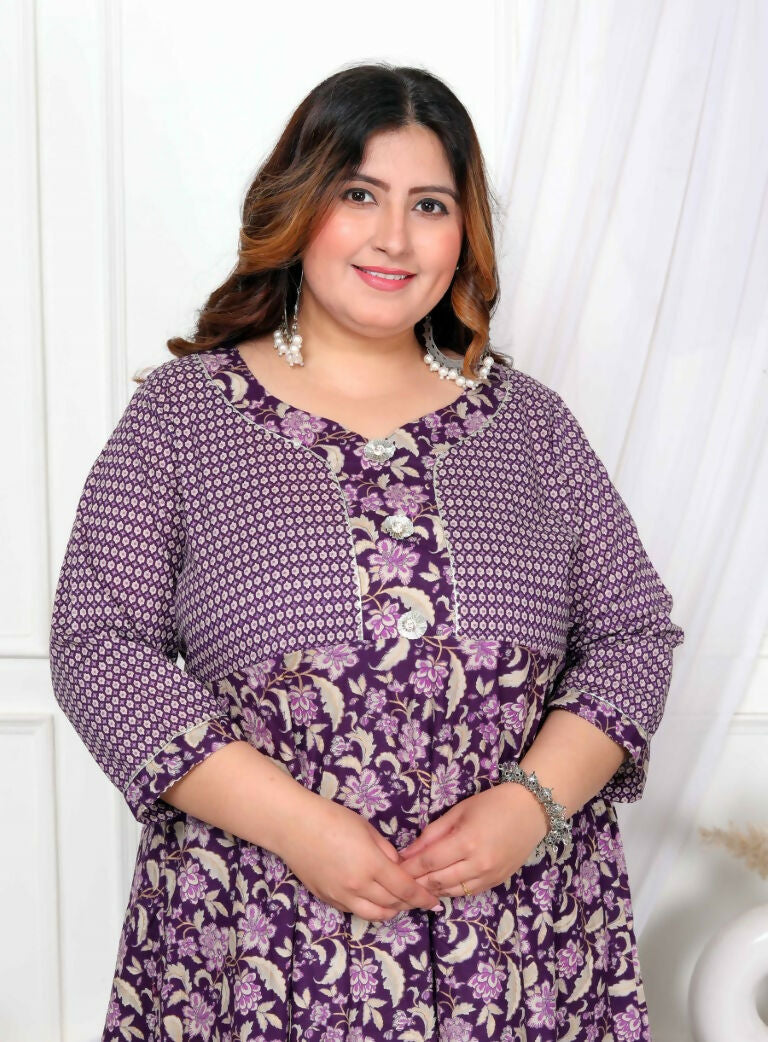 Miravan Women's Plus Size Purple cotton Floral Gota Lace Work Anarkali Kurta