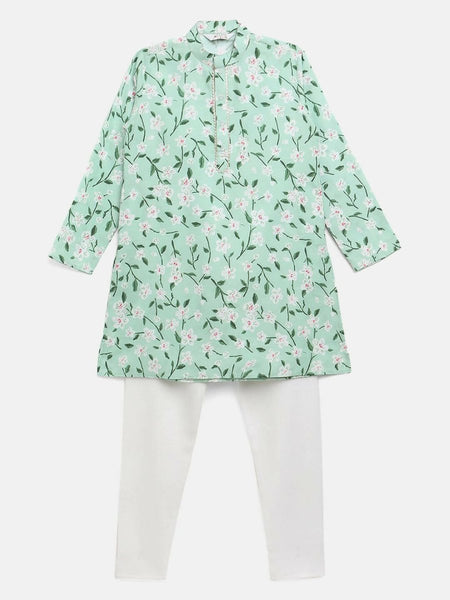 Ahalyaa Mint Green Poly Rayon Digital Print Kids Kurta Churidar Set For Boys