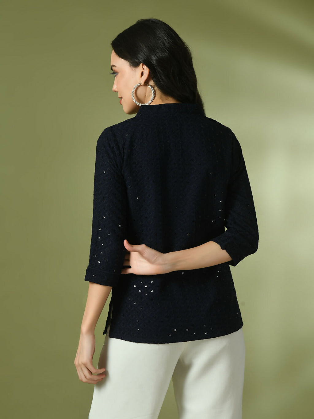 Myshka Women's Navy Blue Embellished Cotton Regular Party Tunic
