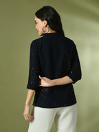 Myshka Women's Navy Blue Embellished Cotton Regular Party Tunic