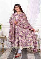 Miravan Women's Plus Size Purple Flower Printed With Beautiful Lace Border Details Anarkali Kurta With Dupatta Set