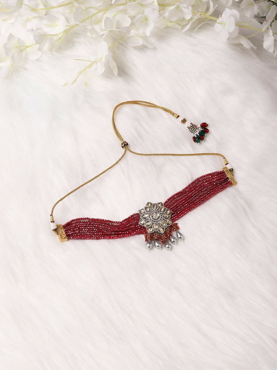 Maroon Kundan Choker with Pearl Drops- Ruby Raang