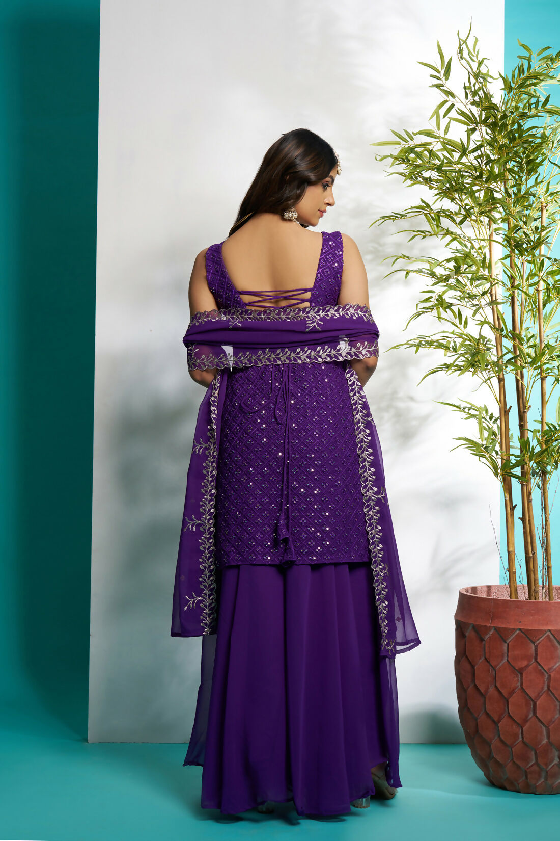Aayaa Designer Faux Gorgette Embroidery Zari Sequins Thread work Full Flaired plazzo Suit with Dupatta - Purple