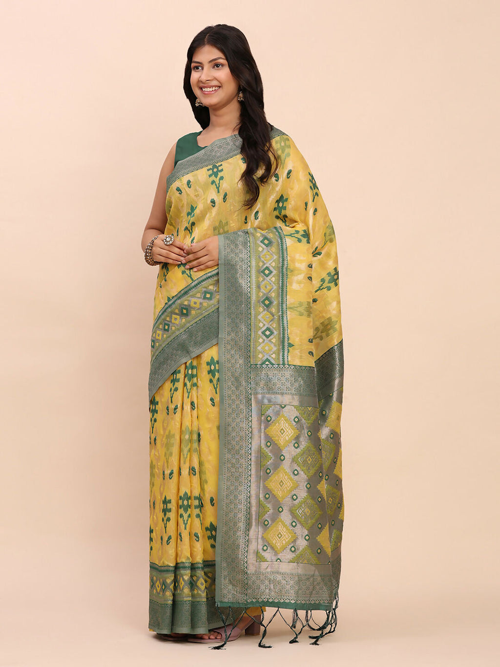 Shree Shyam Fashion Linen Cotton Yellow Saree - Distacart