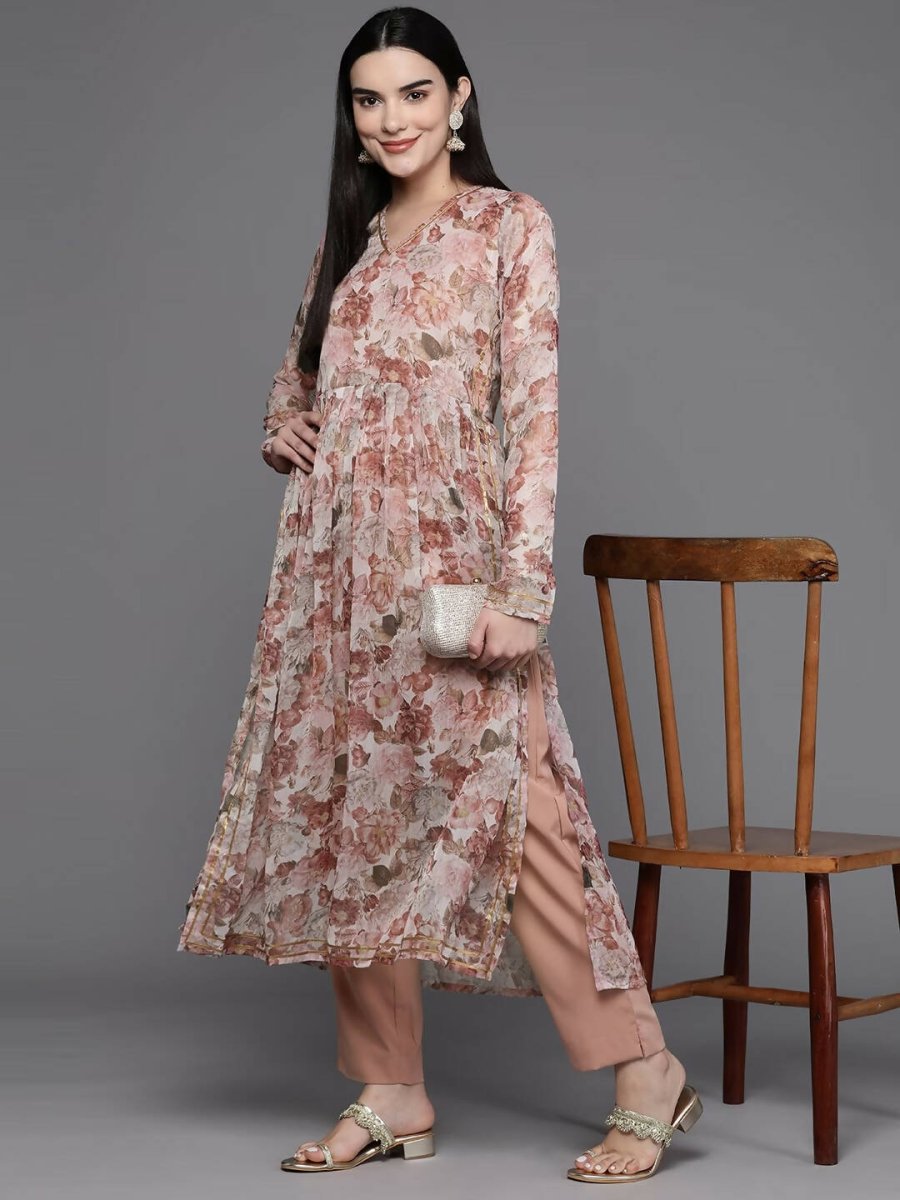 Ahalyaa Women Floral Printed Pleated Gotta Patti Kurta with Trousers - Brown Color