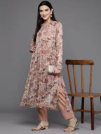 Ahalyaa Women Floral Printed Pleated Gotta Patti Kurta with Trousers - Brown Color