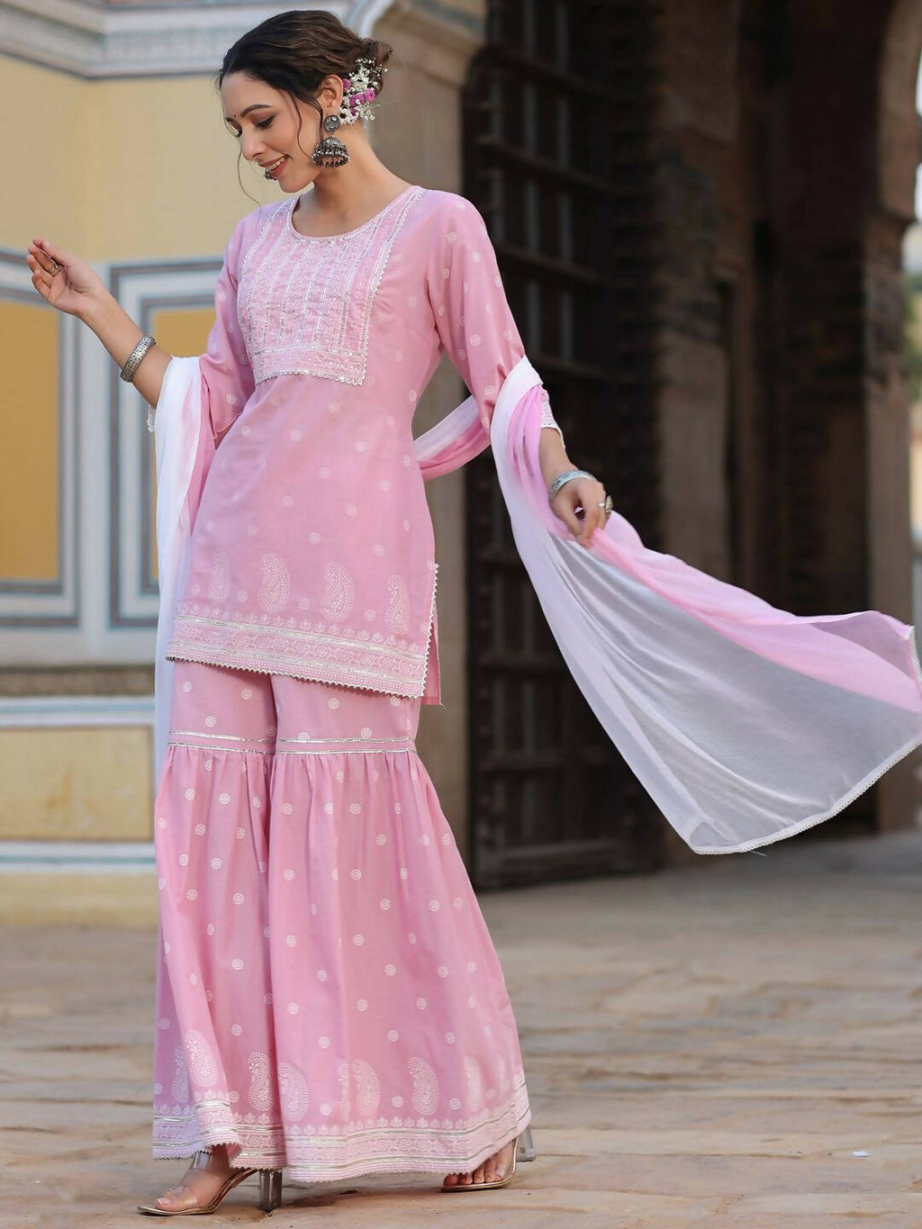Juniper Women's Pink Cambric Floral Print Kurta Sharara Sets - Distacart