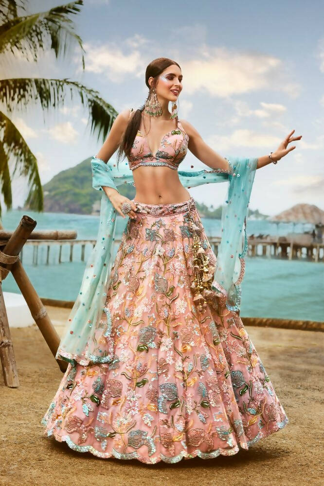 House of Panchhi Pink Net Sequins And Zarkan Embroidery Lehenga Choli & Dupatta