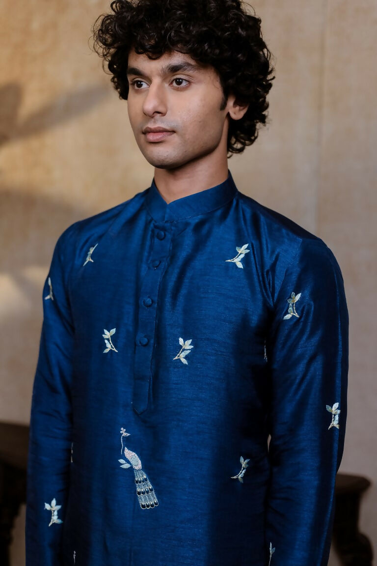 Falling Raw Silk Navy Blue Neel Mayura Kurta Set By Hilo Design