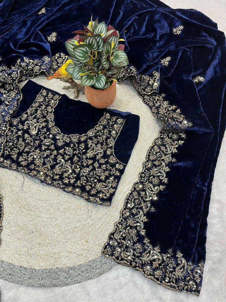 Joban Fashion Royal Blue 9000 Velvet Party Wear Sarees - Distacart