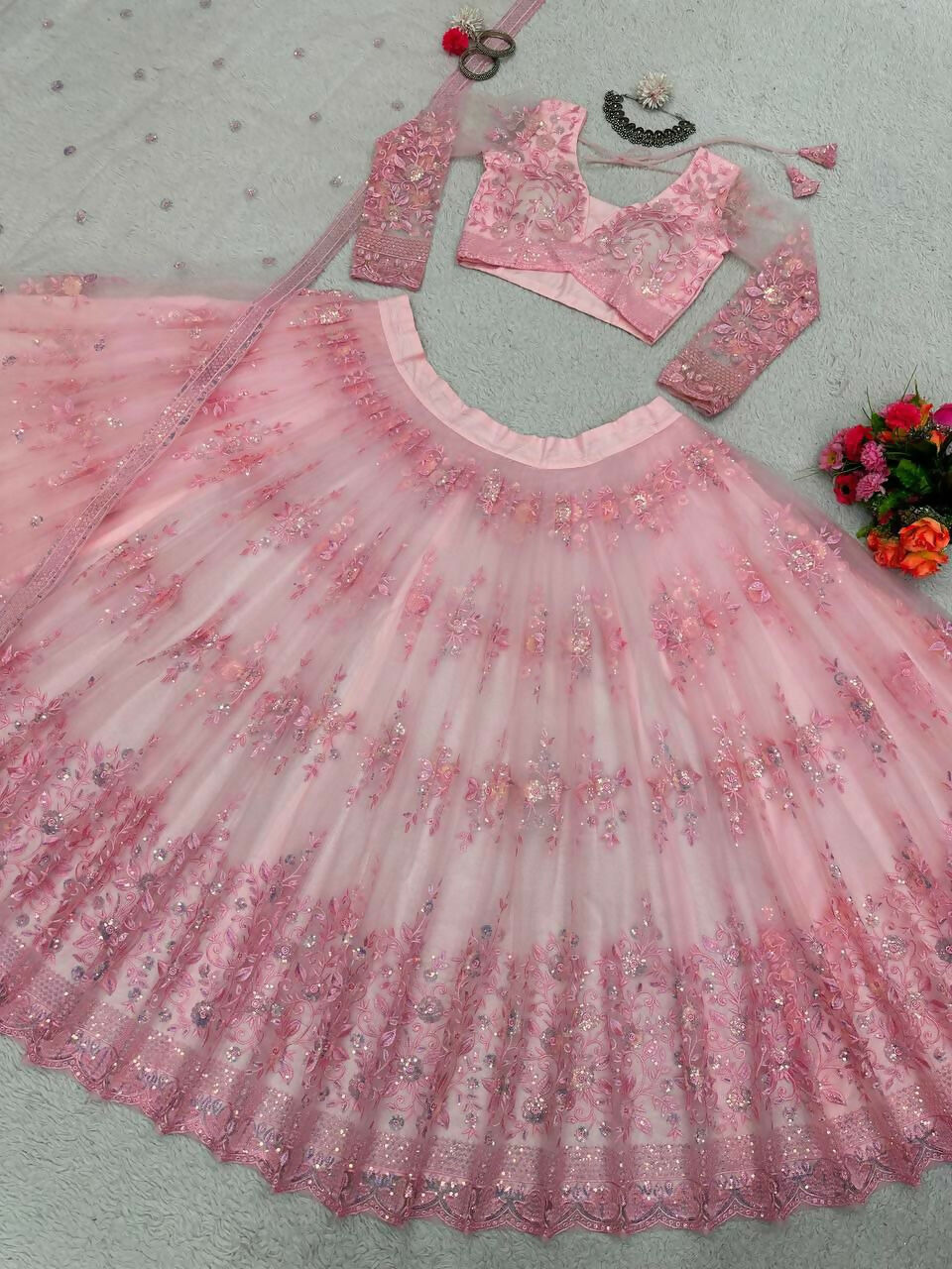 Jyoti Fashion Women's Baby Pink Soft Net Sequins with Thread Embroidered Designer Lehenga Choli Set