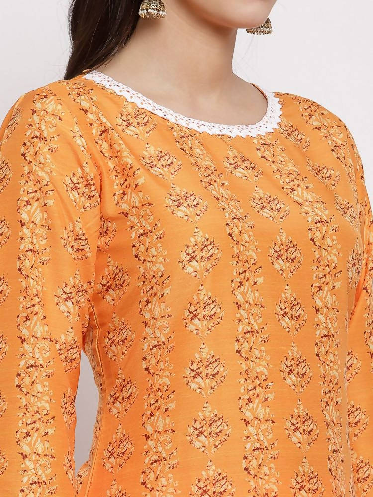 Myshka Women's Orange Cotton Printed 3/4 Sleeve Round Neck Casual Kurta Pant Dupatta Set