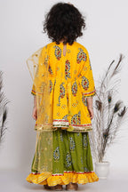 Little Bansi Girls Cotton Floral Kurta with Frill Sharara & Dupatta - Yellow & Green