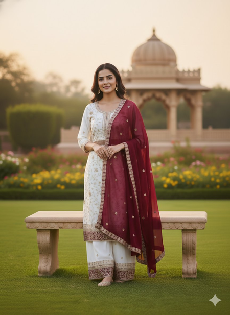 Teeya Creation White Color Faux Georgette Embroidery Work Long Party Wear Palazzo Suit