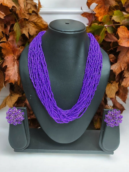 Inhanns Vibrant Handmade 20 Layers Beaded Necklace With Matching Earrings - Purple