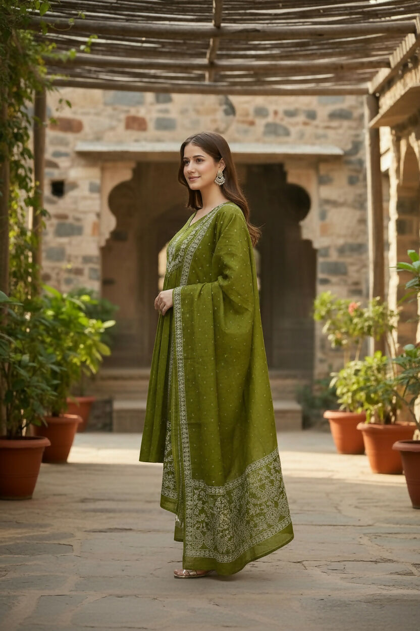 The52 Women's Beautiful Cotton Fabric Embroidery Work Flared Anarkali Pant and Dupatta Set - Distacart