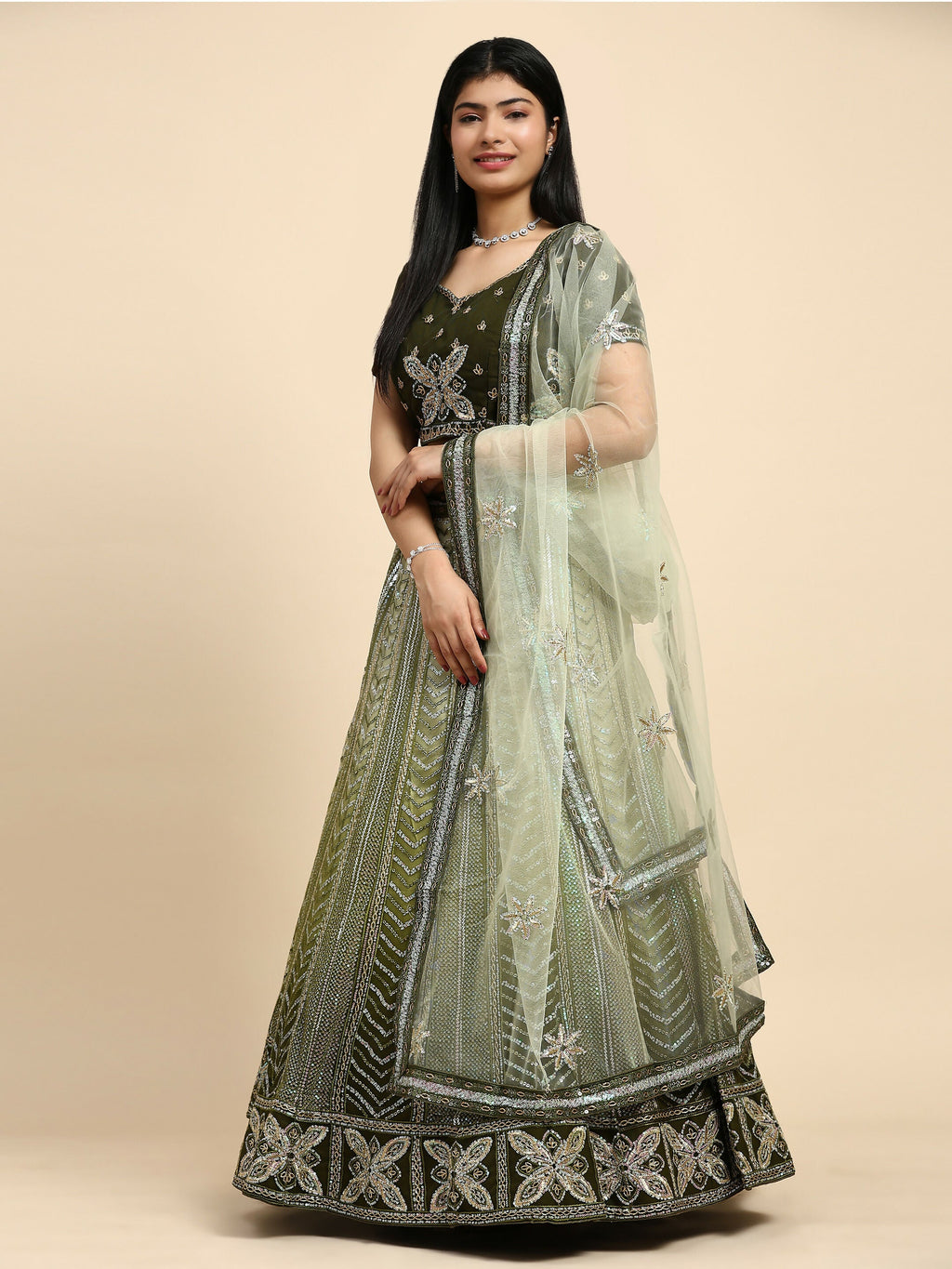 Green Fancy Net Sequence Embroidered Lehenga Choli with Dupatta - Dhara