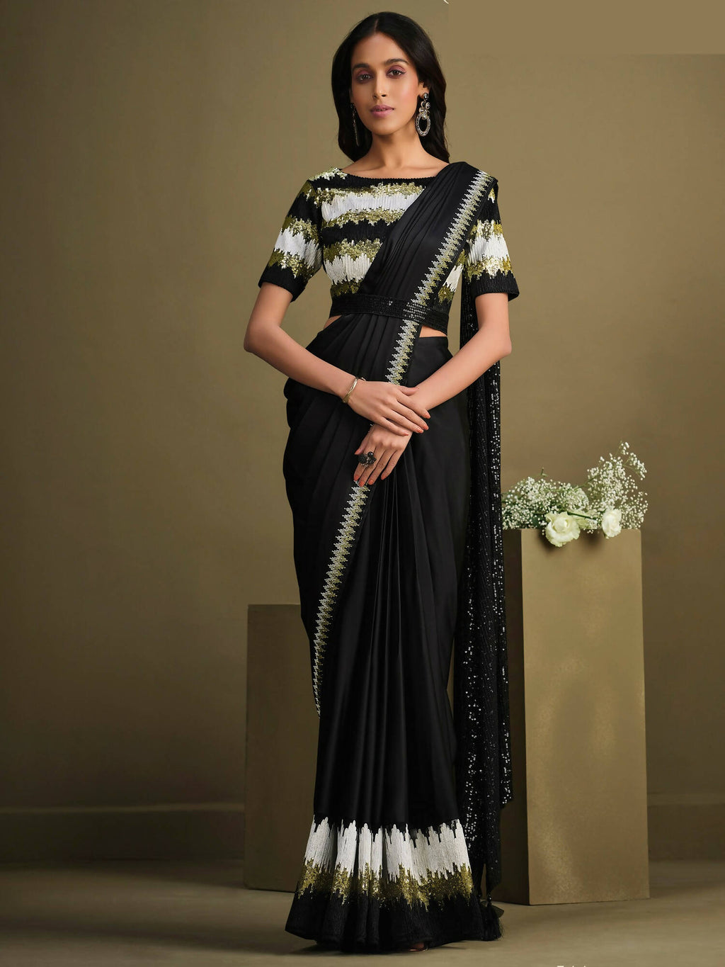 Black Crepe Silk Sequence Embroidered Saree With Stitched Blouse - Mohmanthan La Belle