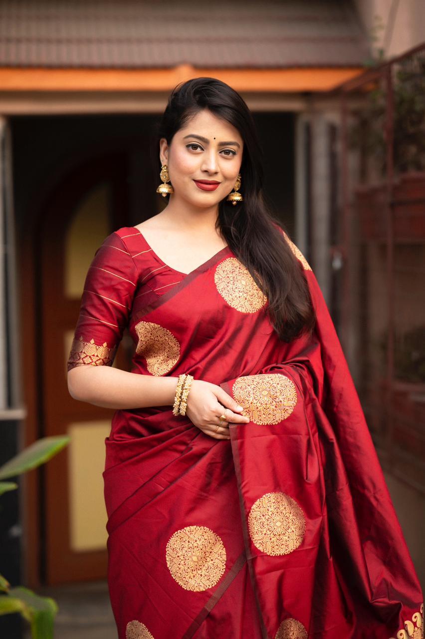 Maroon Silk Woven Saree with Unstitched Blouse - Hiral Fashion