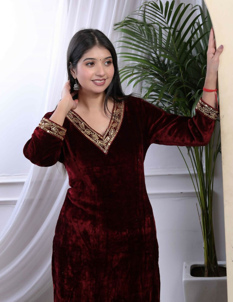 Miravan Women's Maroon Velvet Sequence Work Straight Kurta With Palazzo