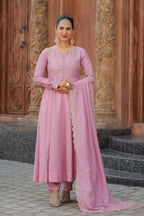 The52 Pink Women's Gorgeous Vichitra Silk Fabric Embroidered Work Flared Anarkali Pant and Dupatta Set - Distacart