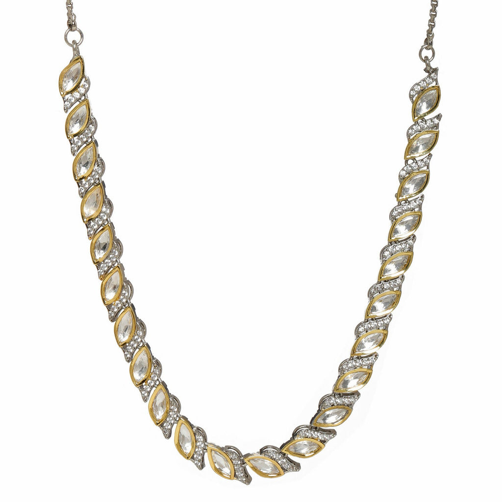 Leaf Shaped Neckpiece in Dual Tone Kundan and American Diamonds (Silver) - Ruby Raang