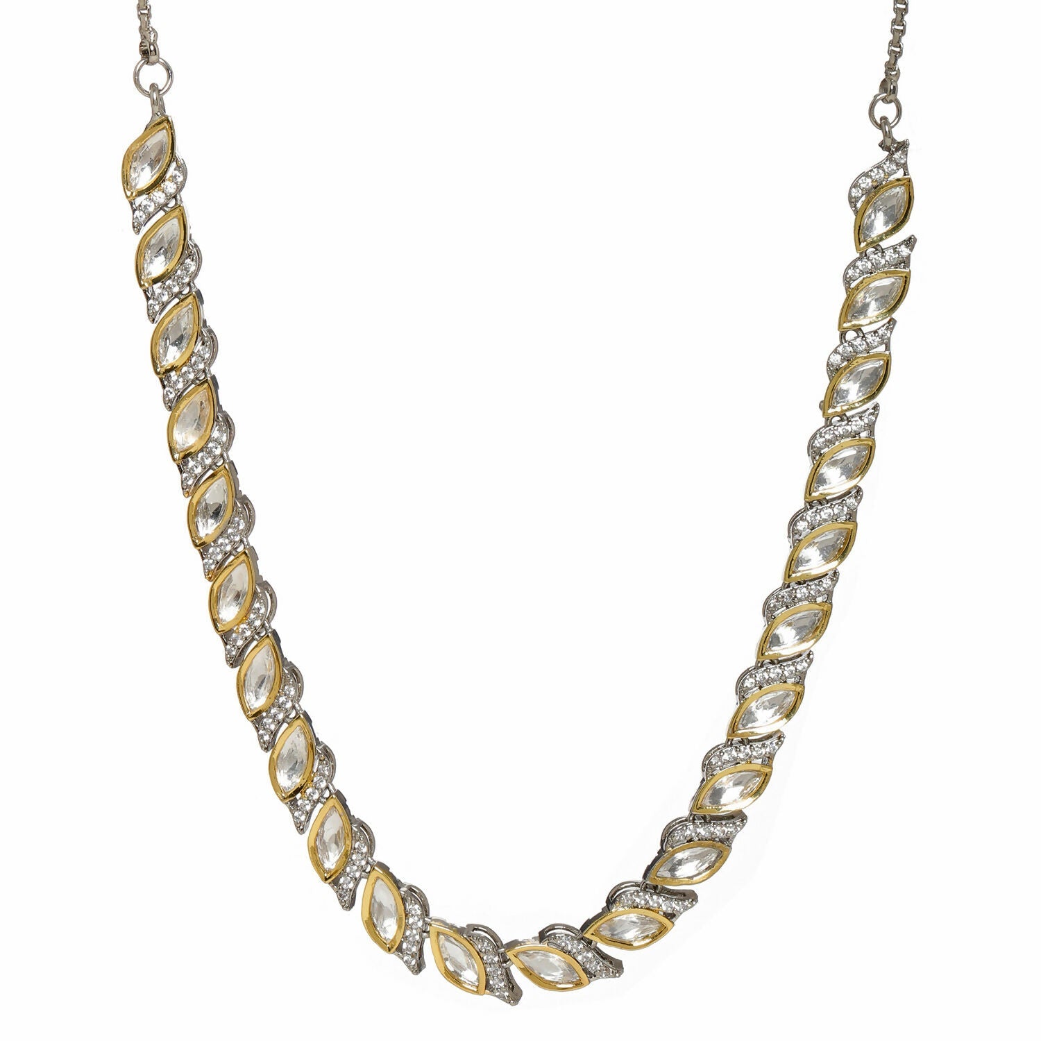 Leaf Shaped Neckpiece in Dual Tone Kundan and American Diamonds (Silver) - Ruby Raang