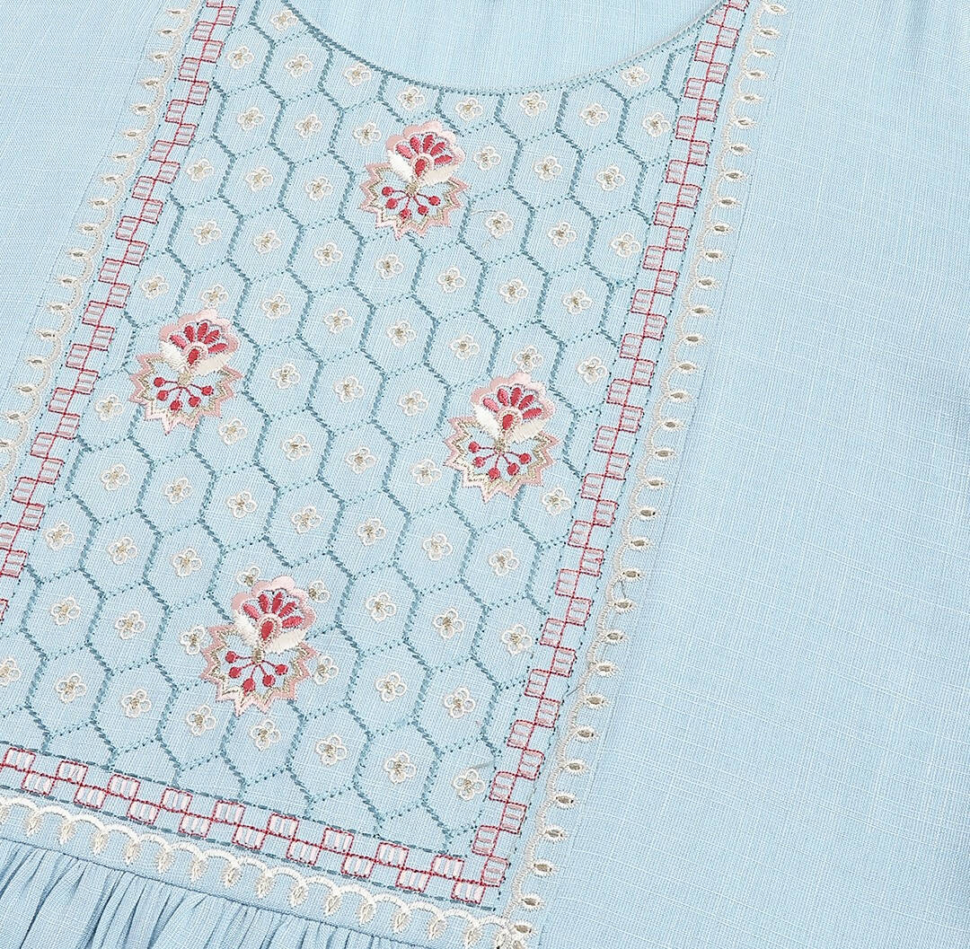 Light Blue Rayon Yoke Embroidered A-line Top - Tarini