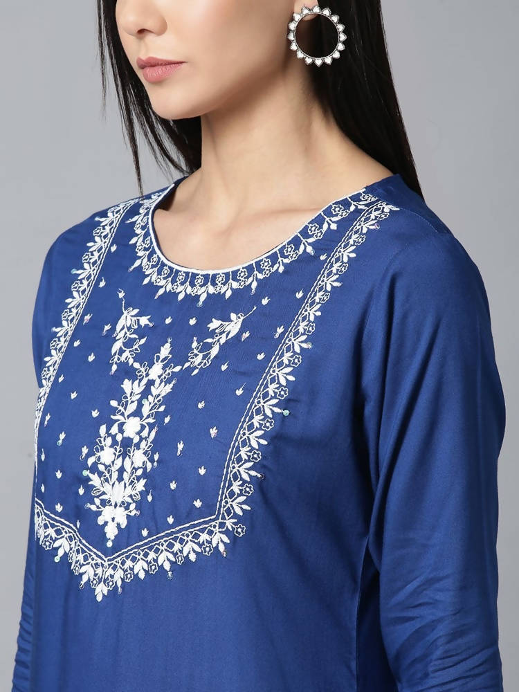 Yufta Women Blue & White Yoke Design Kurta with Palazzo & Dupatta