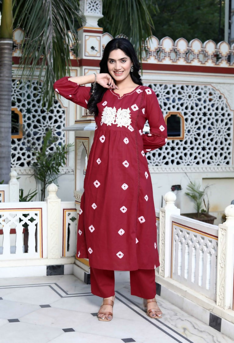 Miravan Women's Red Bandhani Printed Moti And Chikan Embroidered & Lace Work A Line Palazzo Set