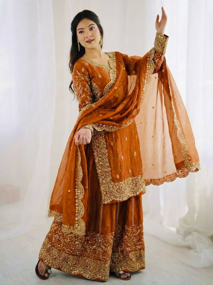 Teeya Creation Orange Color Fendy Silk Embroidery Work Wedding Wear Salwar Suit - Distacart