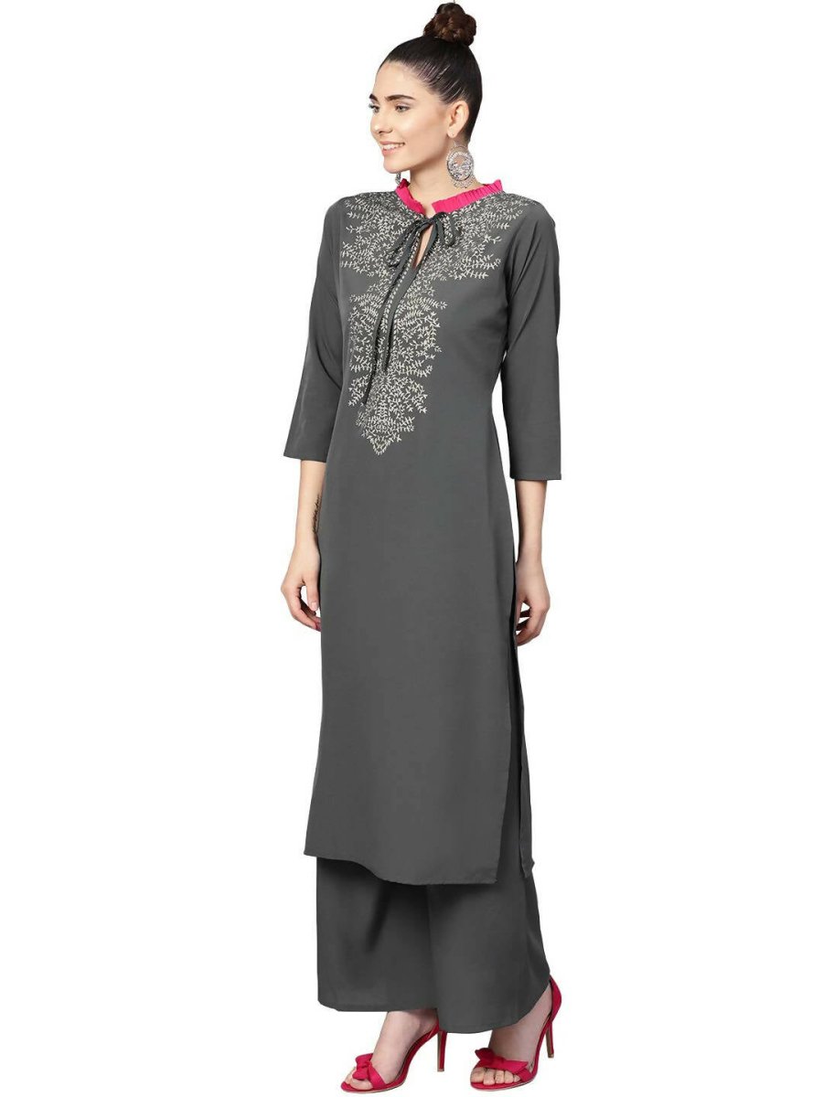 Ahalyaa Grey Crepe Printed Kurta Palazzo Set With Dupatta - Distacart